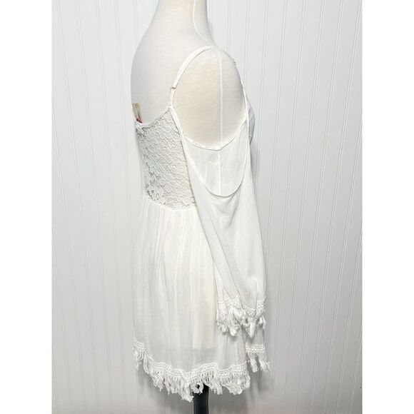 Raga Haley Dress Cold Shoulder Sheer Lace Frayed Mini Gypsy White Cutout Small - Picture 4 of 16